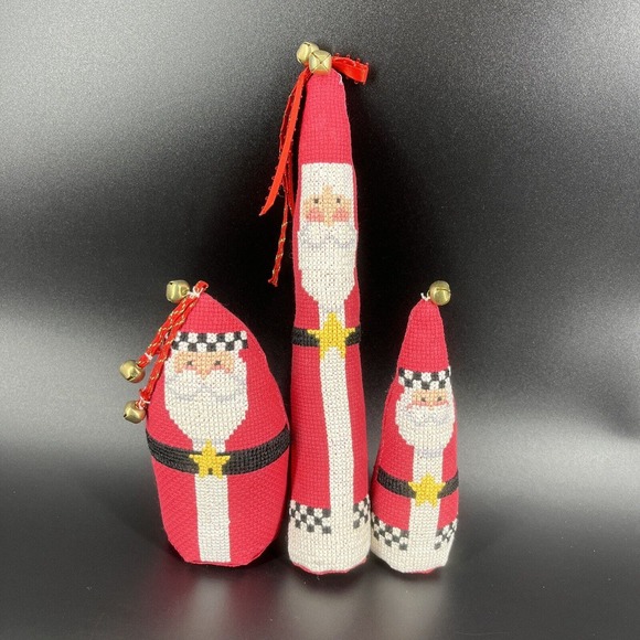 VINTAGE Cross Stitched Stuffed Plush Santa Claus Dolls Set 3 Christmas Decor - Picture 1 of 16